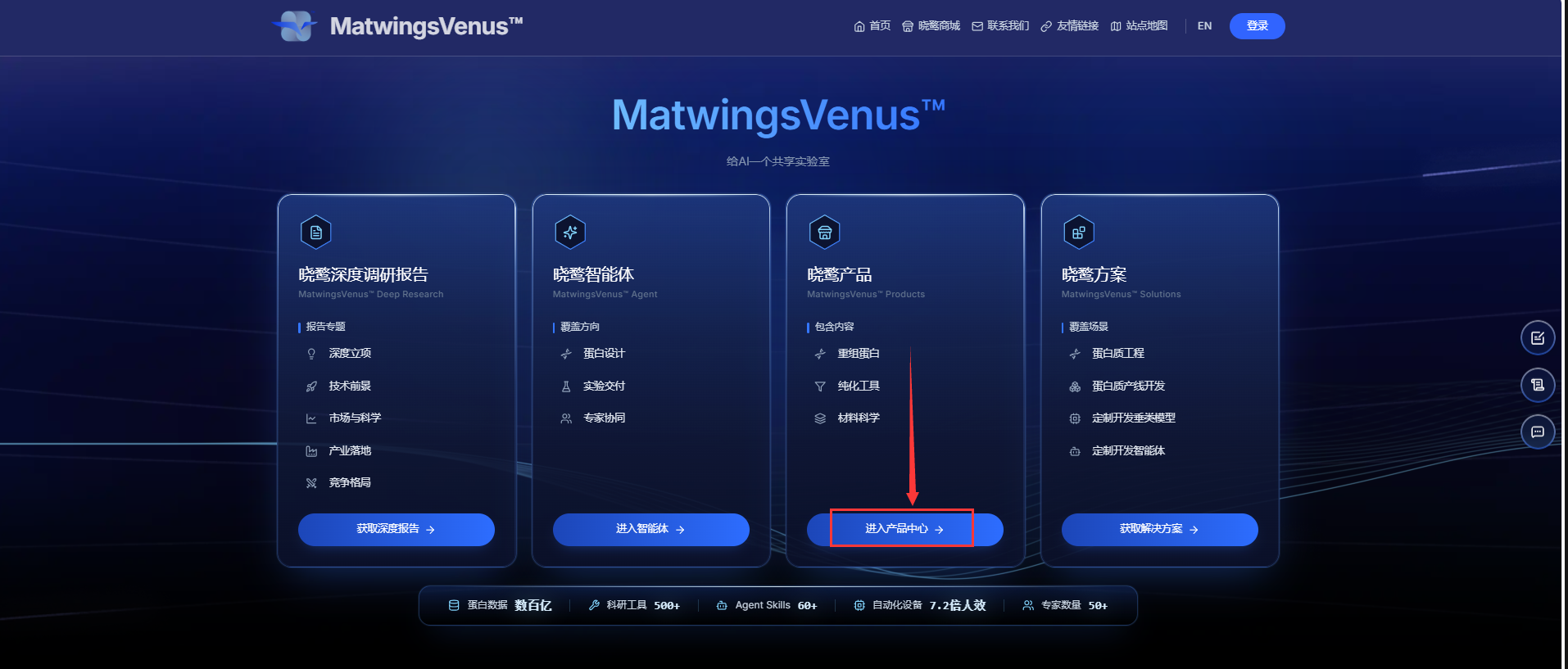 从 MatwingsVenus 首页进入产品中心