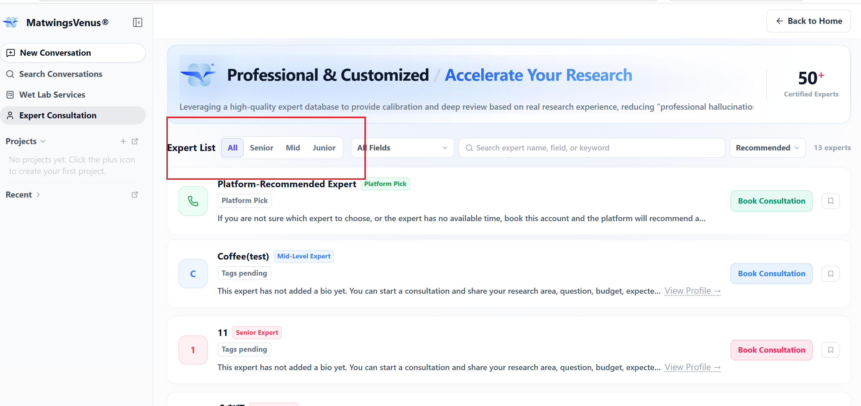 Filtering the list by expert level