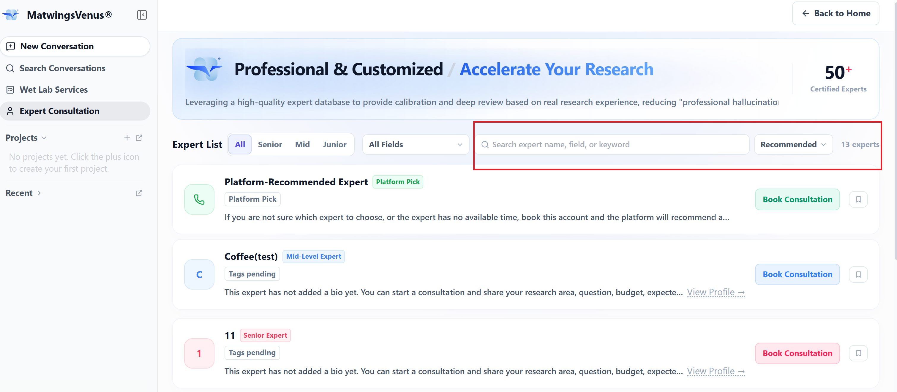 The empty state when a keyword matches no expert
