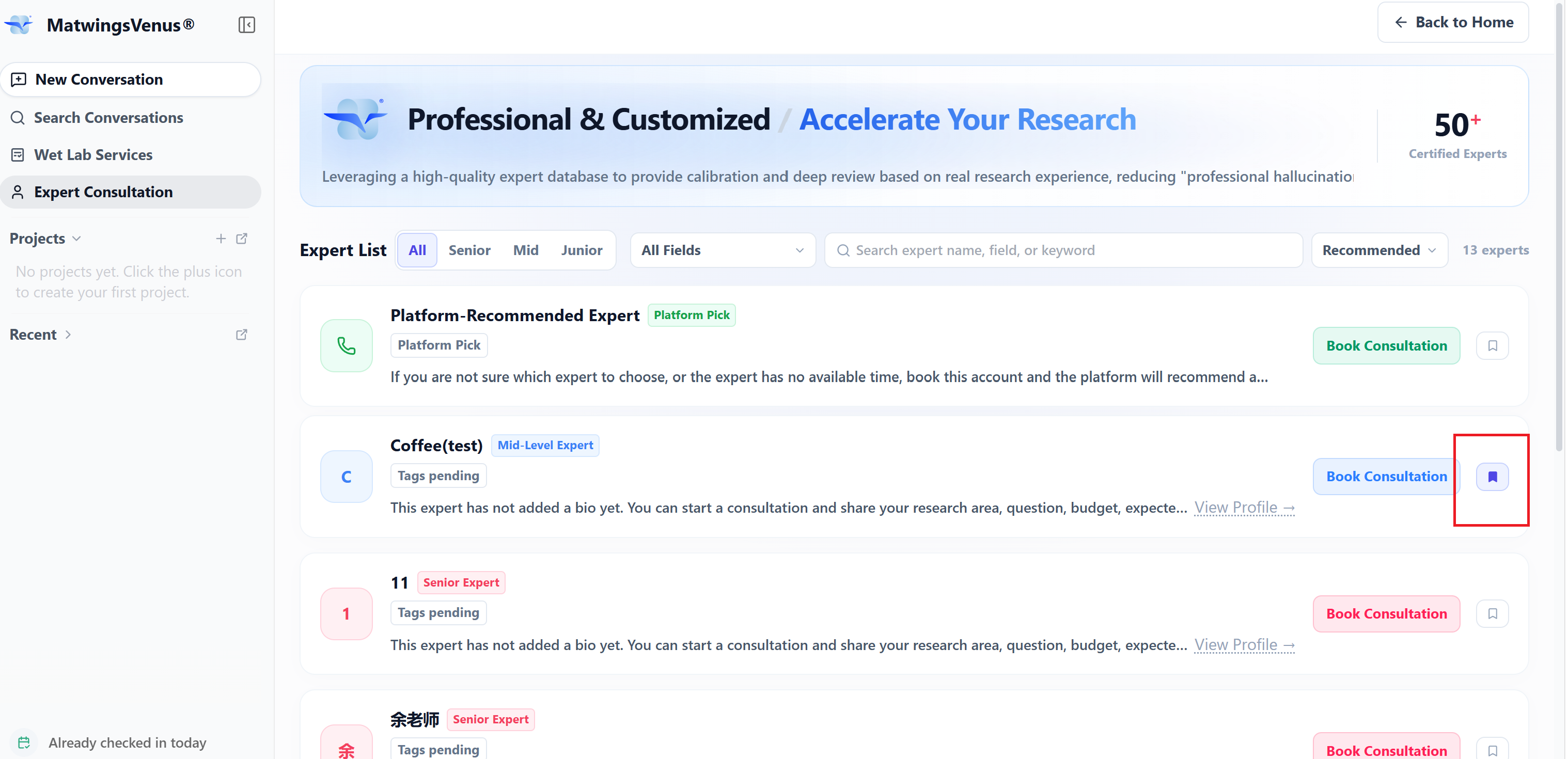 Bookmarking an expert for priority display