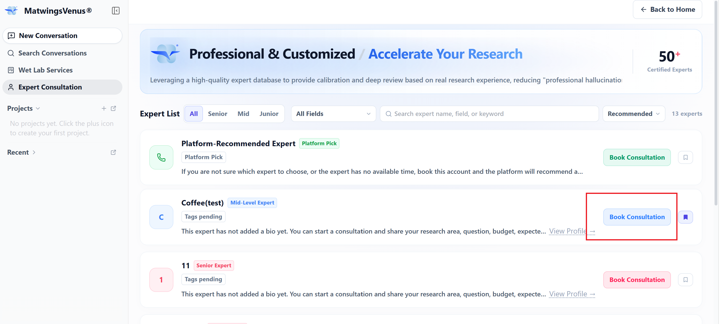 The Book a consultation entry in the expert list