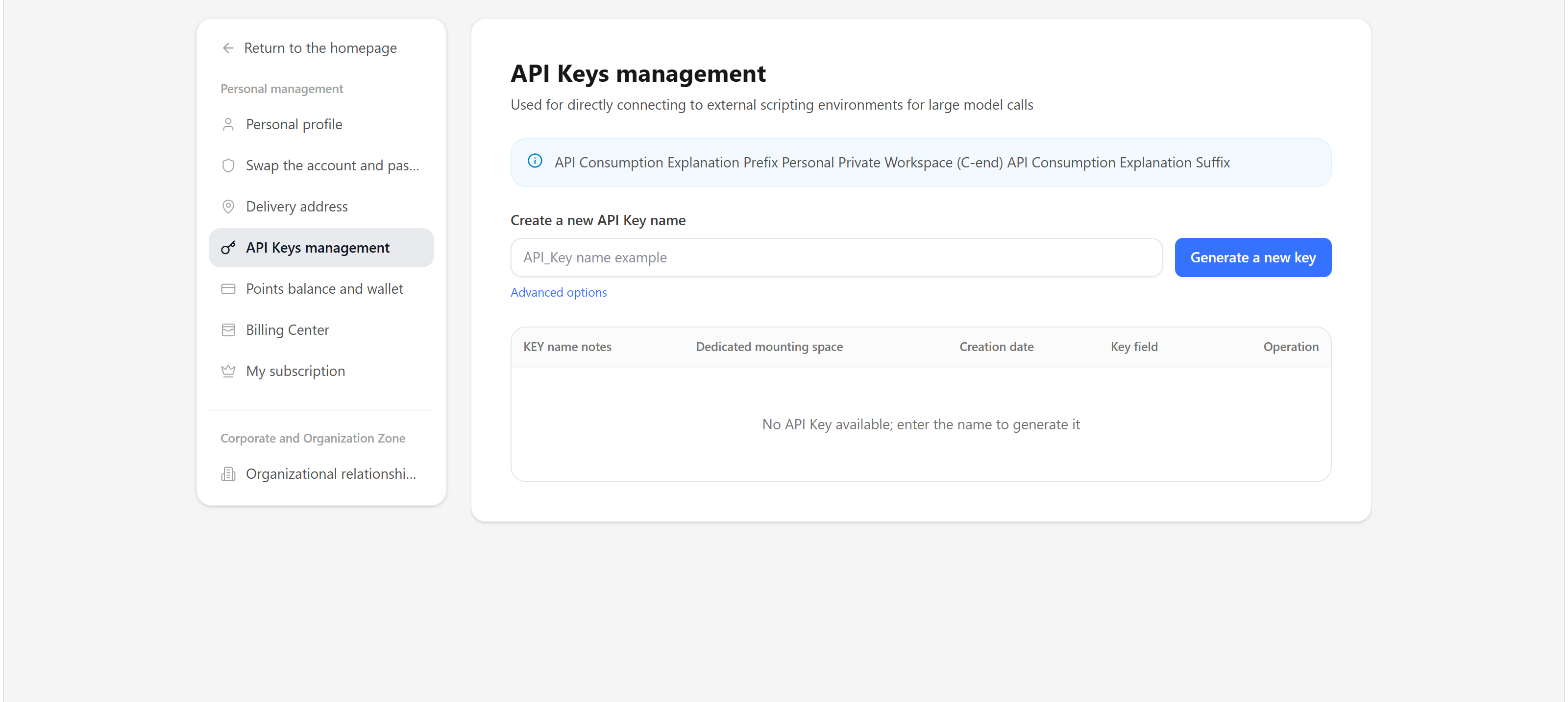The API keys management page