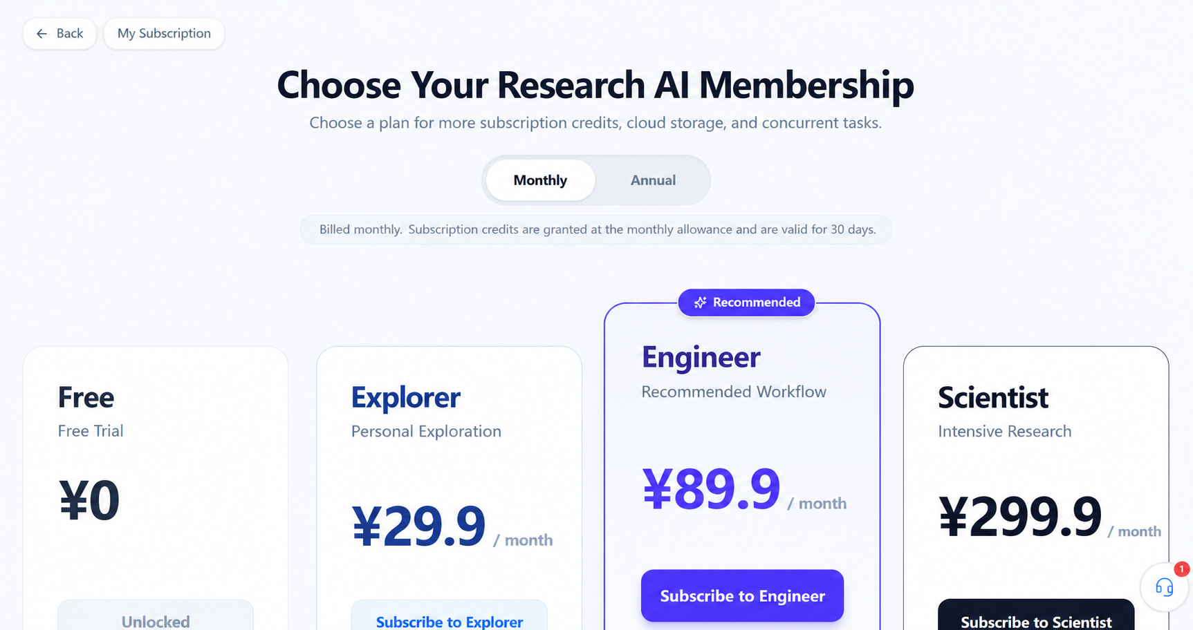 Choosing a research AI membership plan