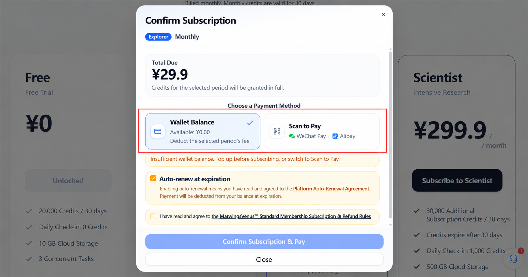 Confirming membership subscription and payment