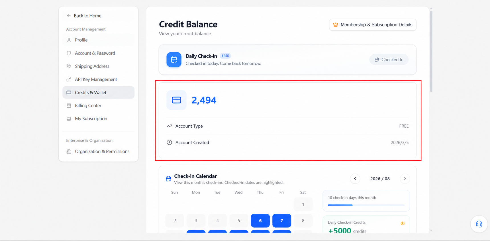Credit balance overview