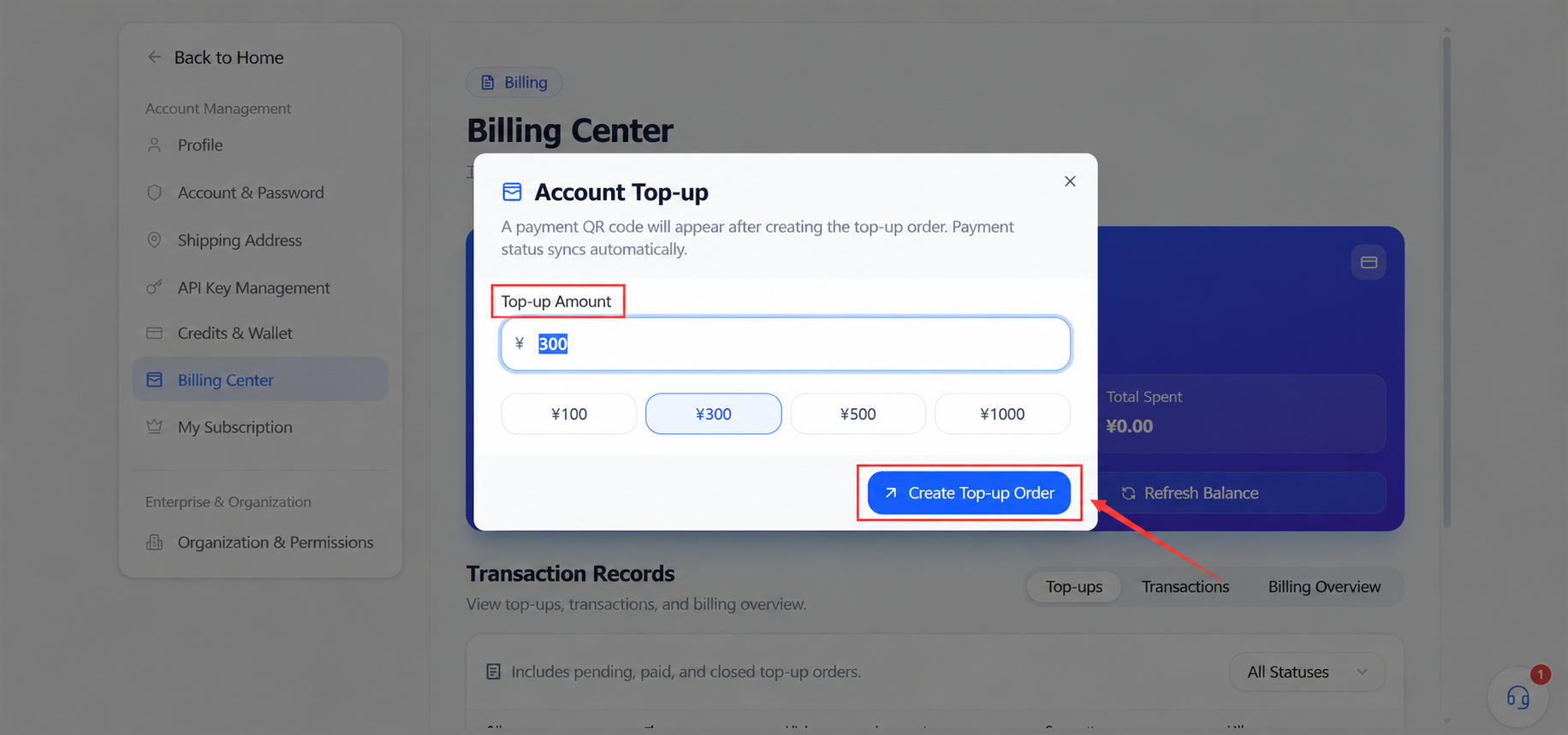 Creating a top-up order