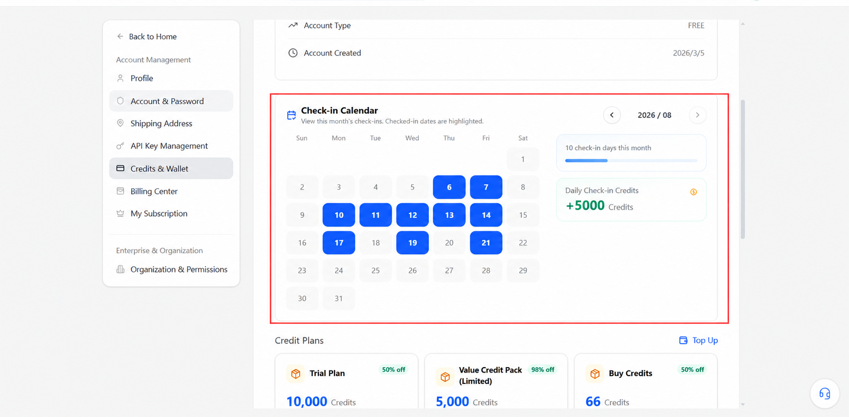 The check-in calendar