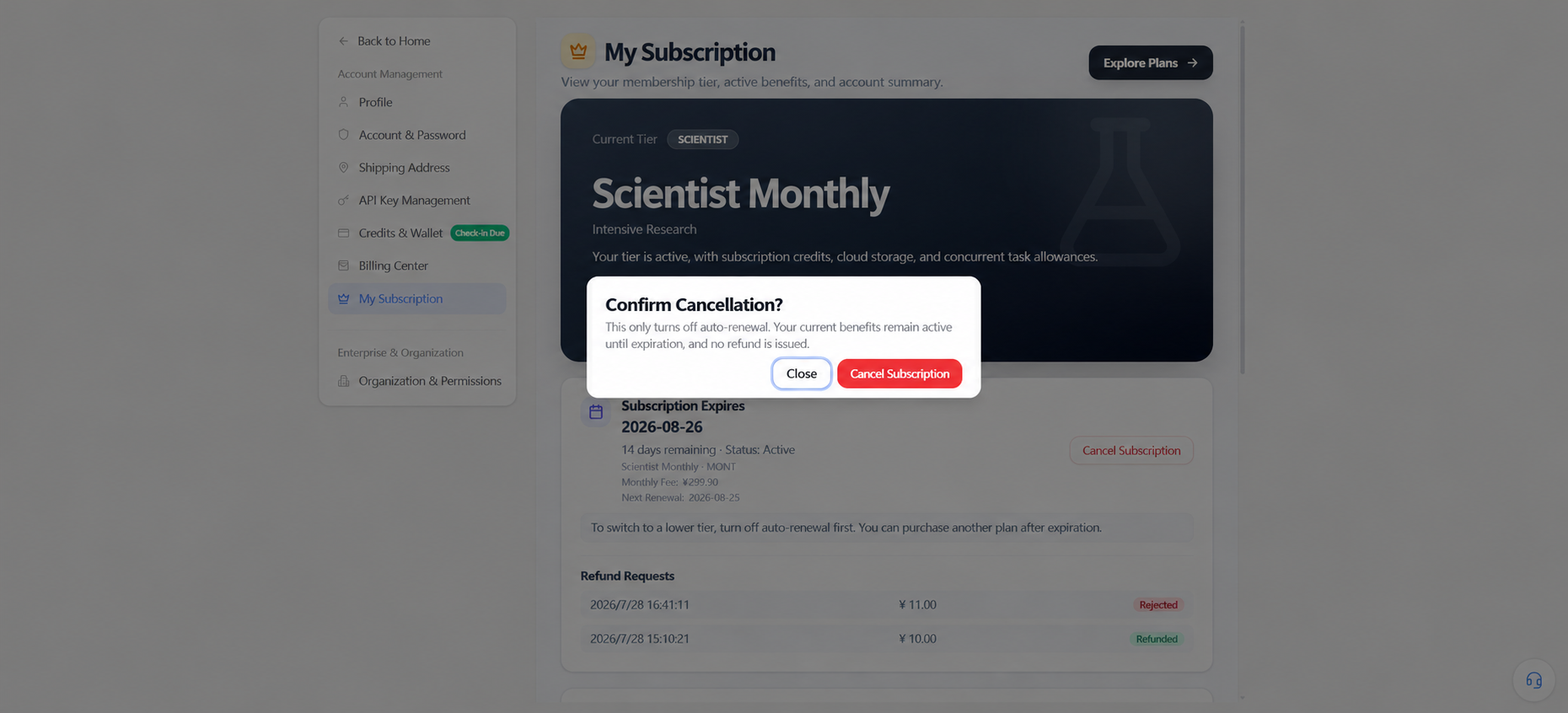 The cancel subscription confirmation dialog