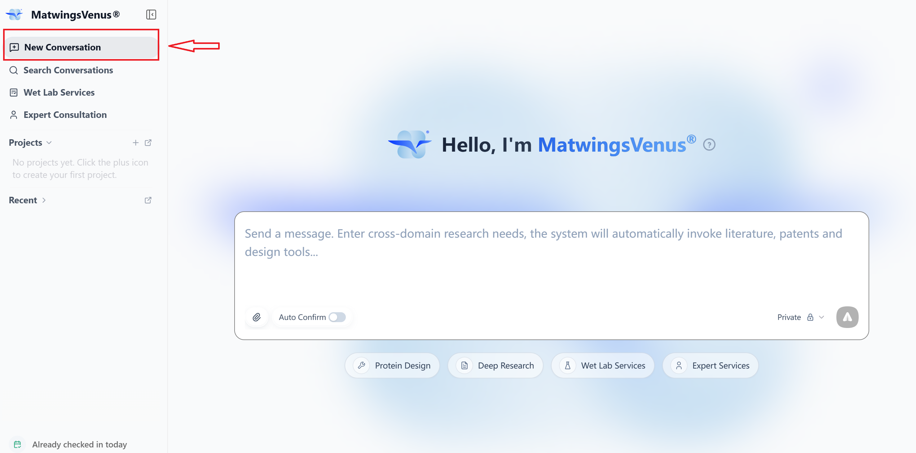 Starting a new conversation in the agent workbench