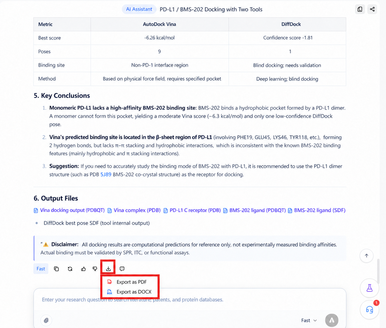 The answer action bar and export menu
