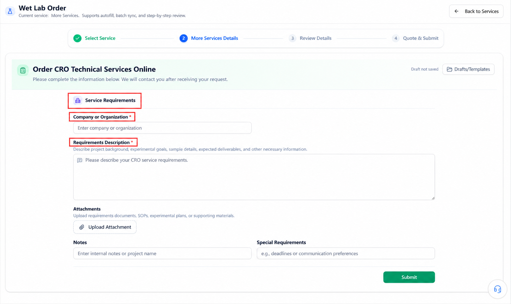 Filling in a structured custom service request