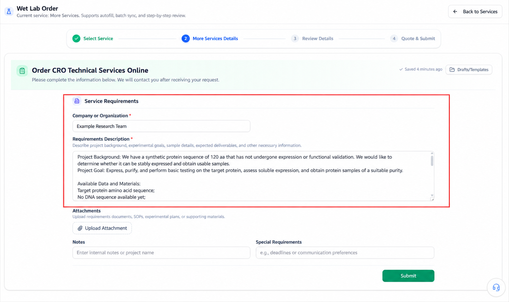 An example of filled-in custom service requirements
