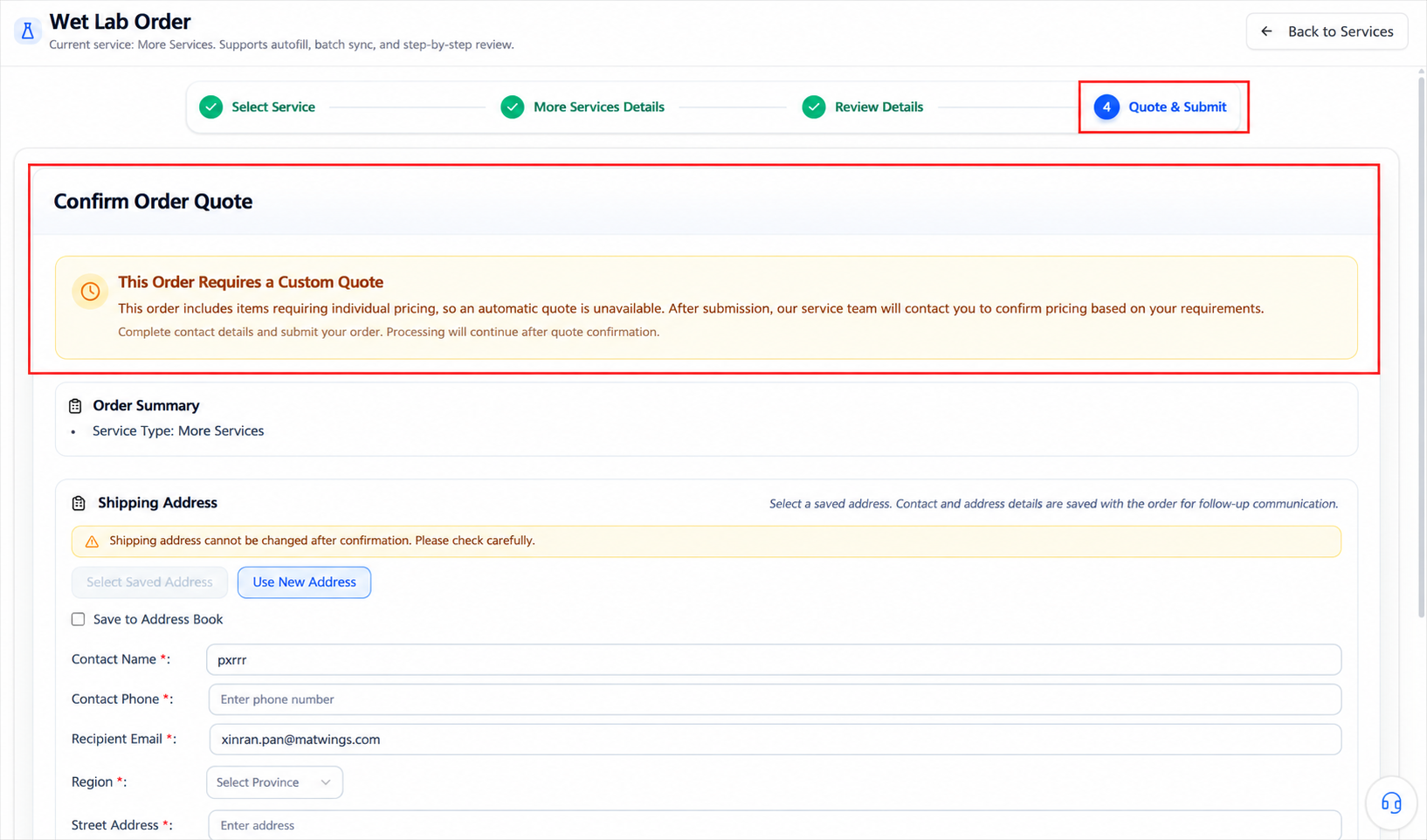 Custom service quote and submission