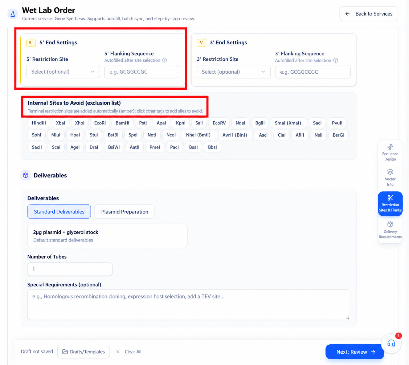 Restriction sites, exclusion pool, and delivery contents