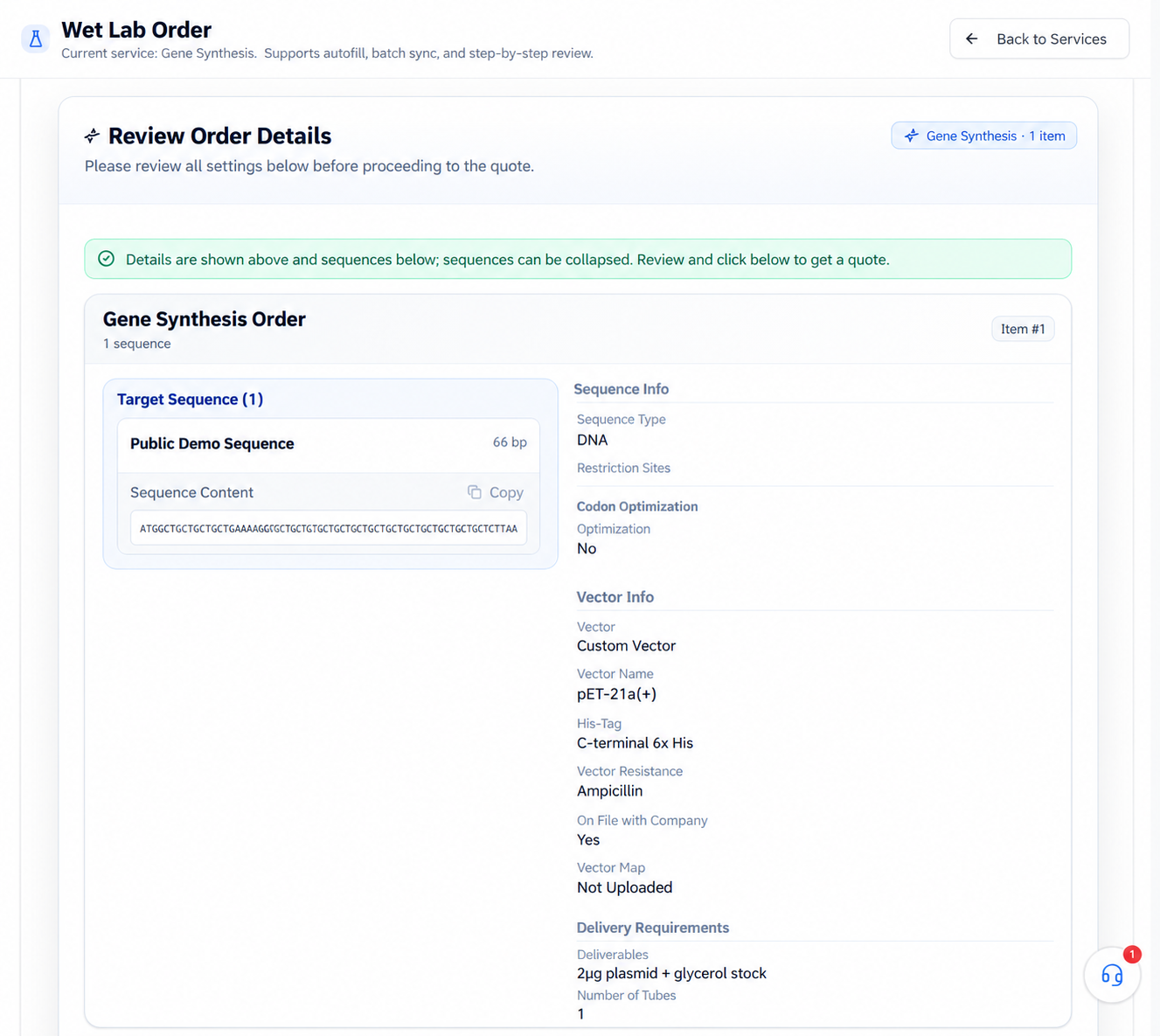 The gene synthesis information confirmation page