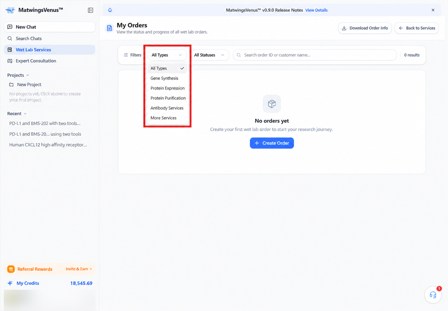 Filtering orders by wet-lab service type