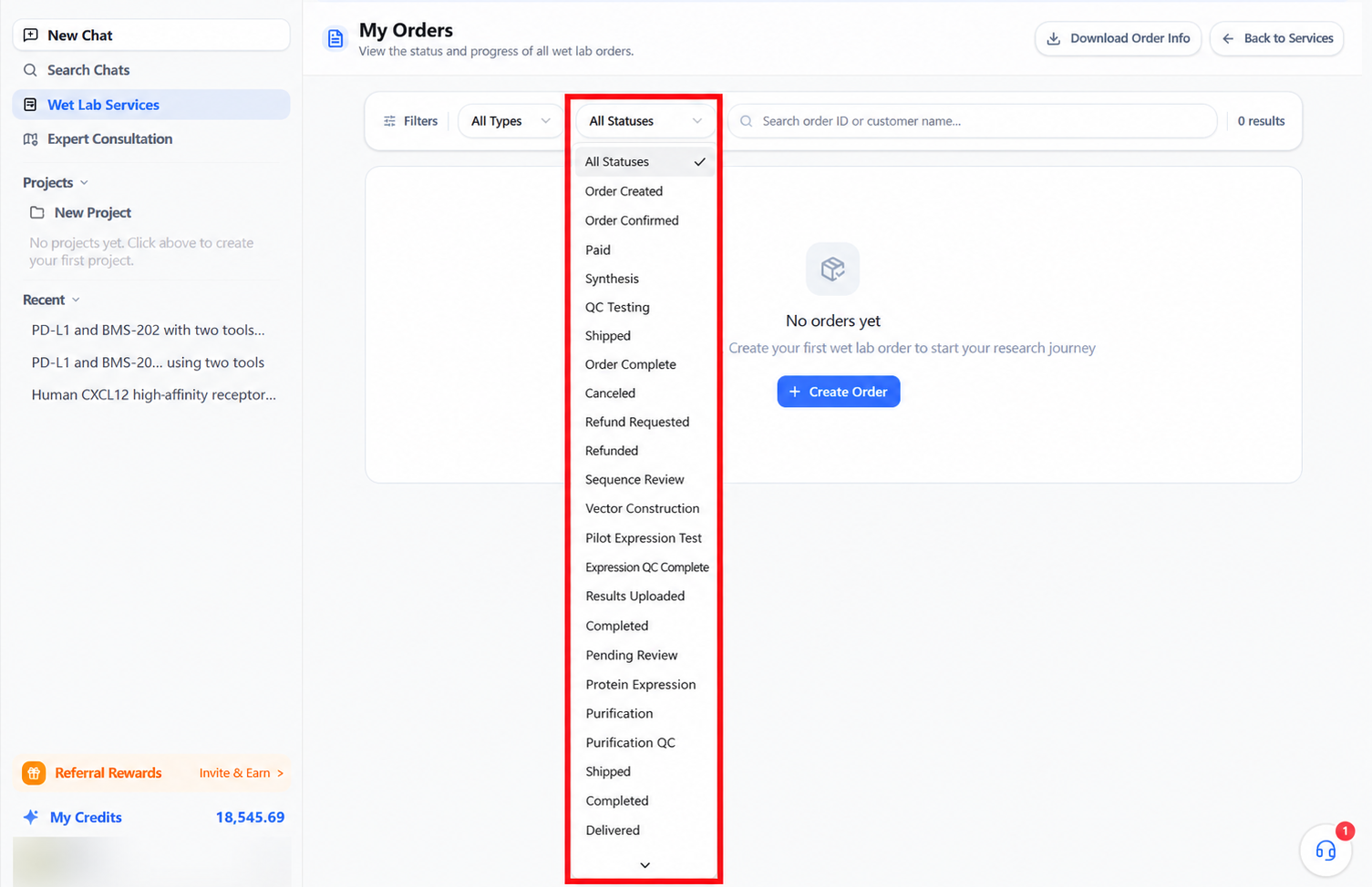 Filtering by wet-lab order status