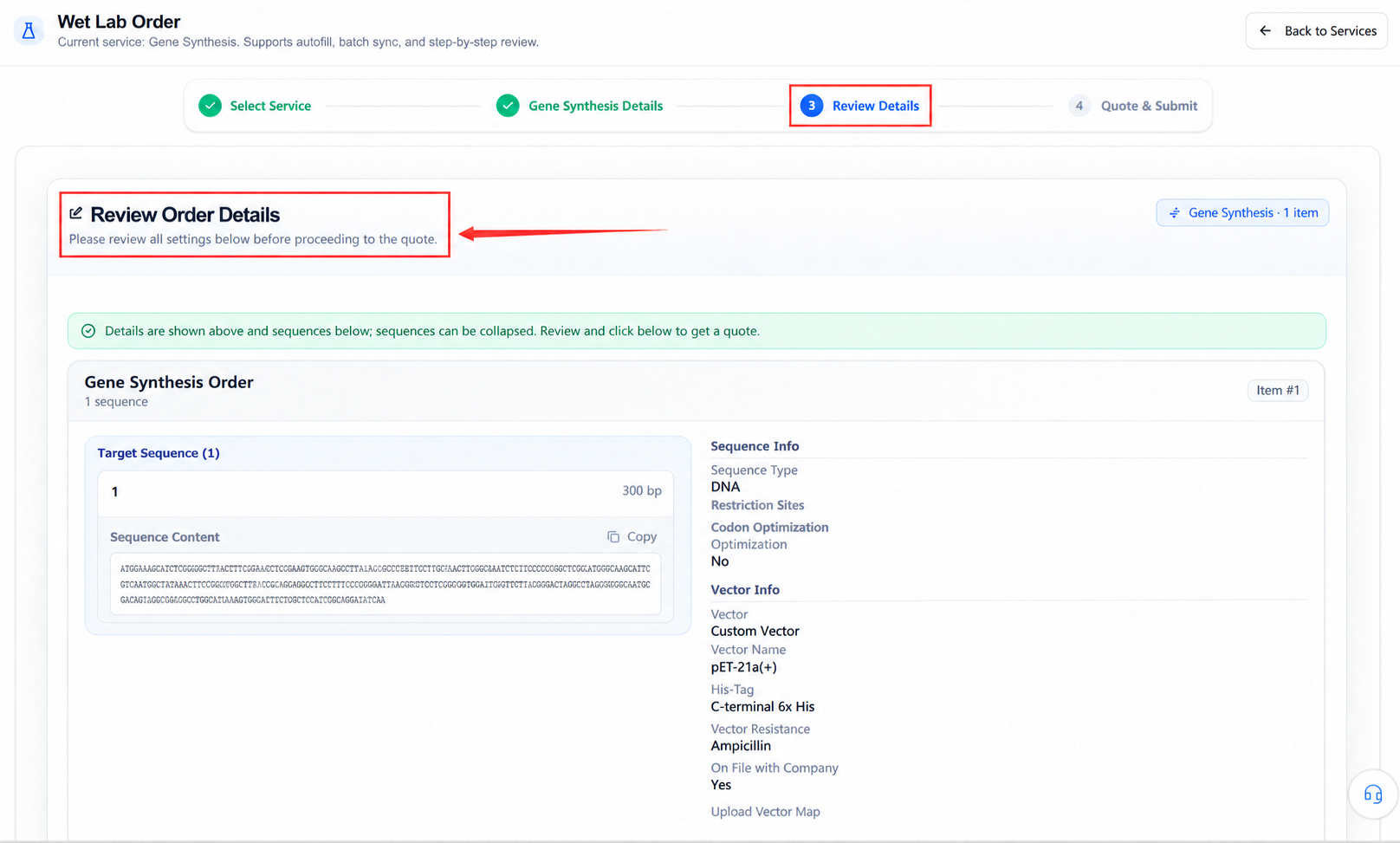 The wet-lab order information confirmation page