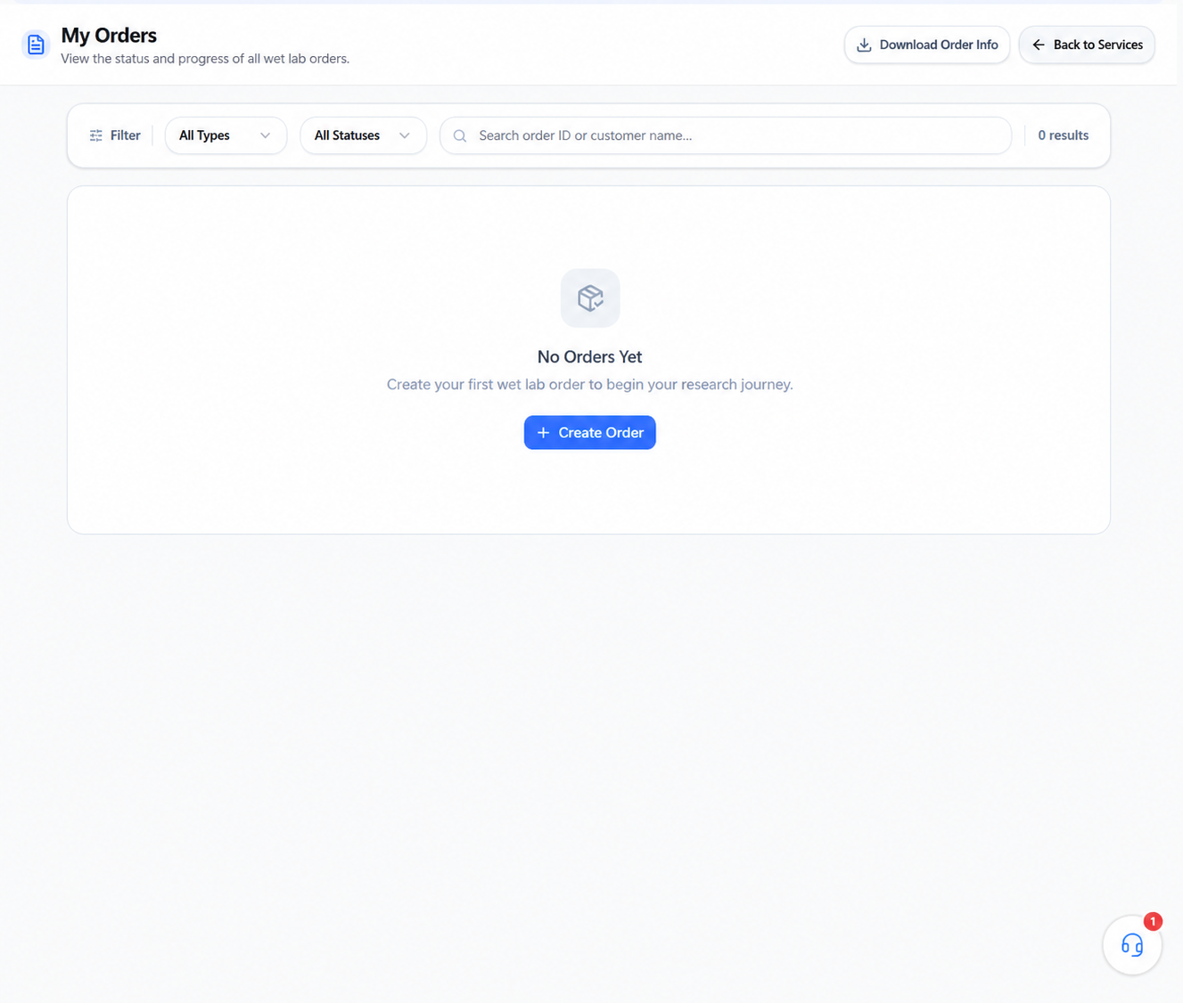 The wet-lab order history page