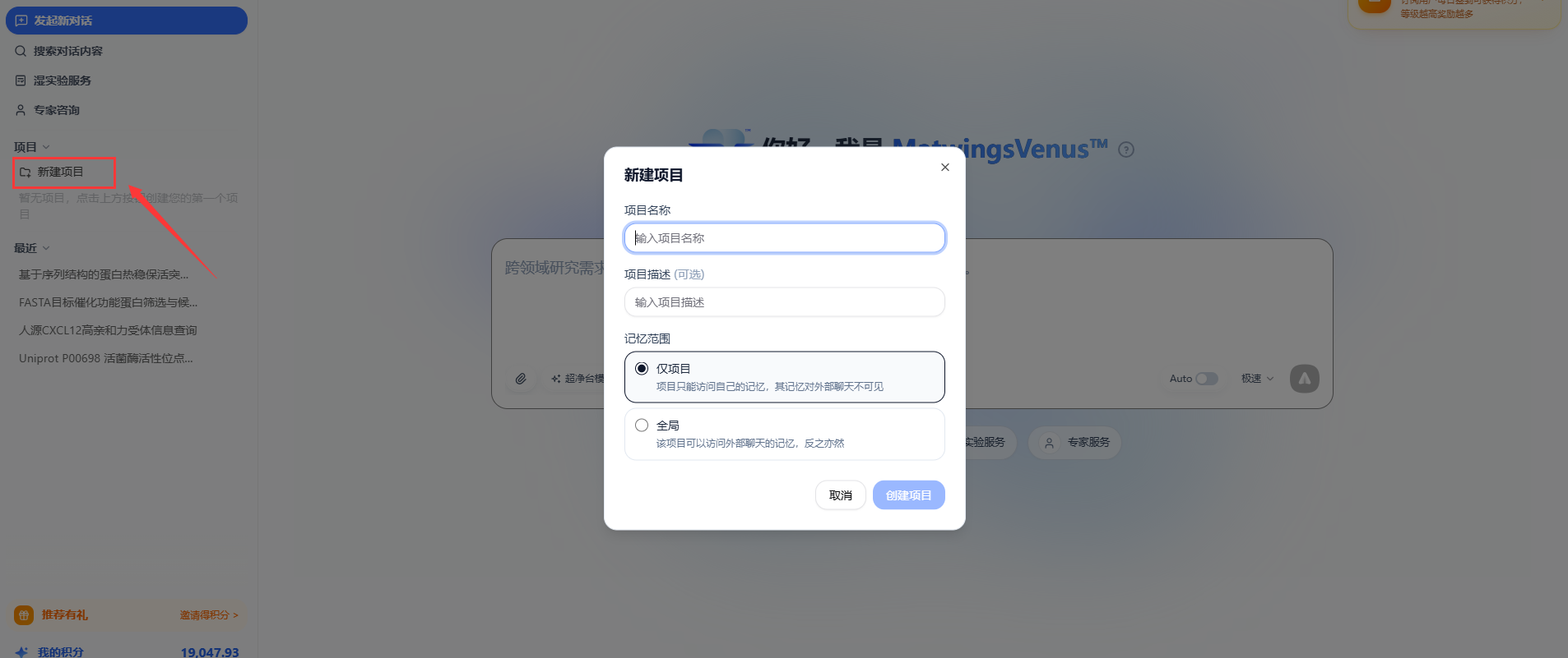 新建项目表单